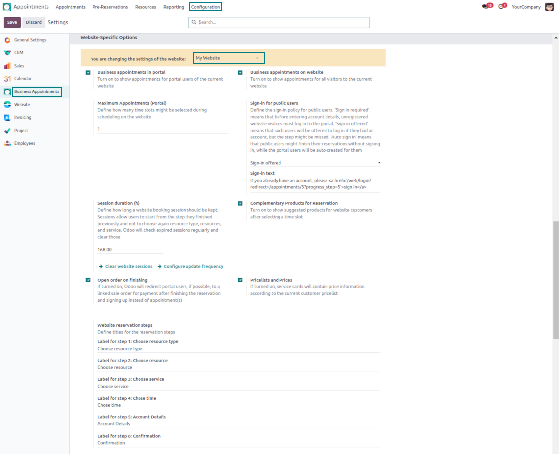 Configuration page: website-specific options (part 1)