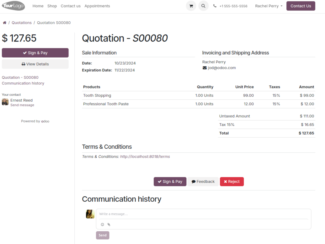 Odoo appointment to sign and pay