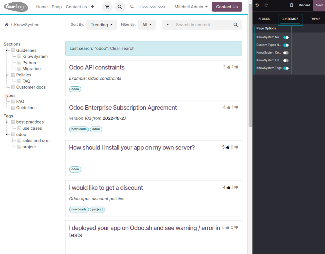 Custom Odoo options for the public KMS