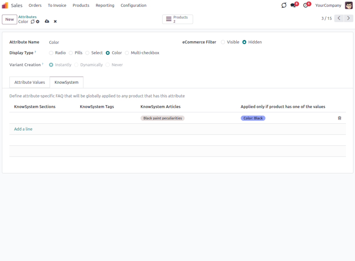 KMS for Odoo attributes and values