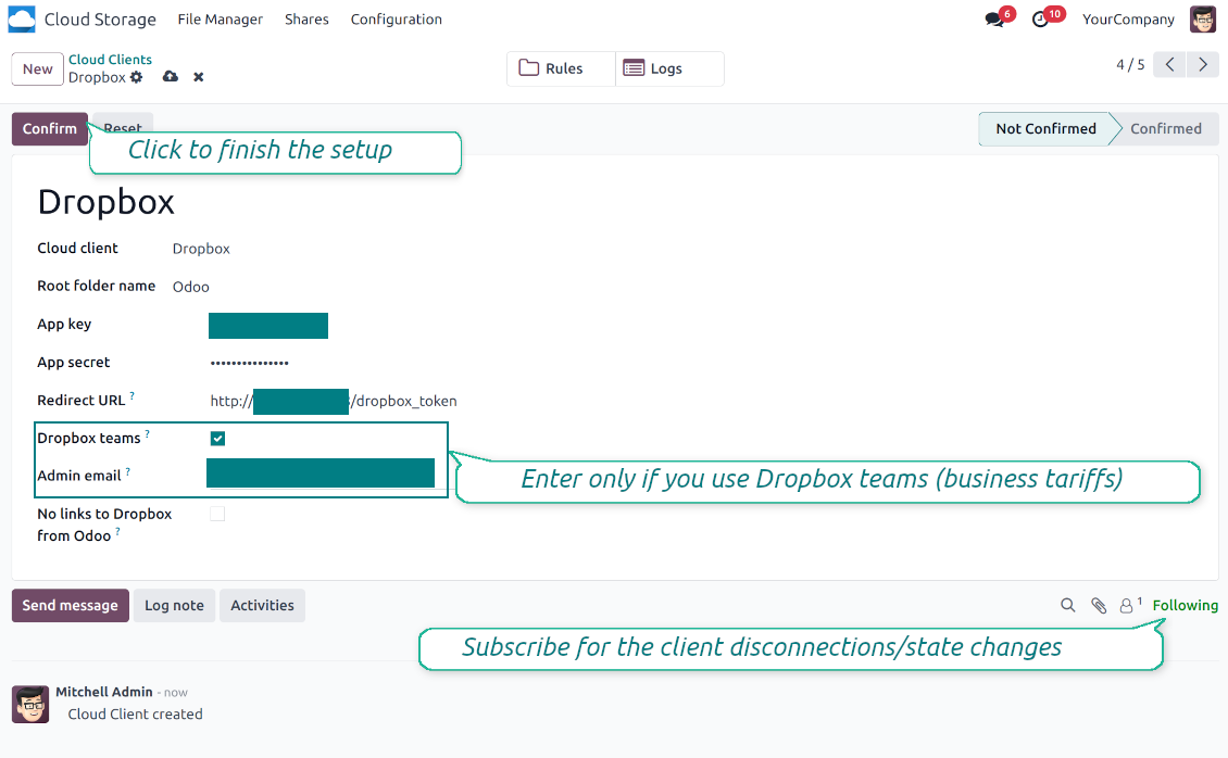 Odoo Dropbox settings