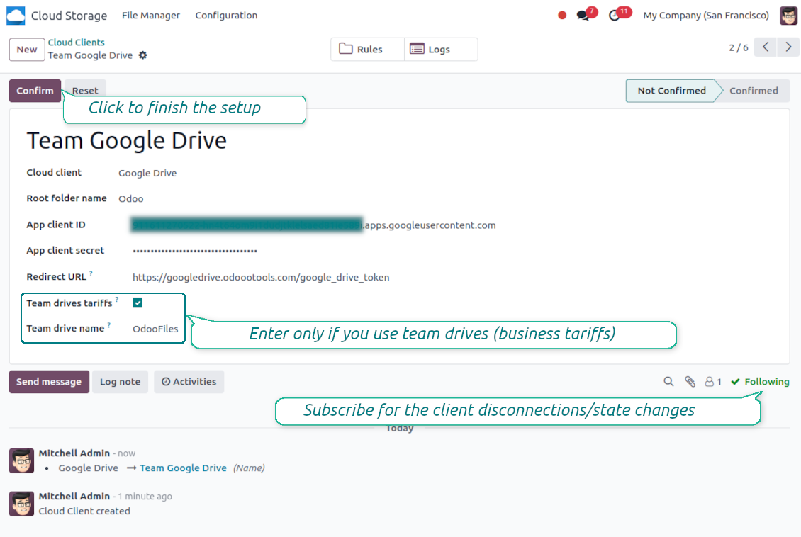 Google app credentials in Odoo