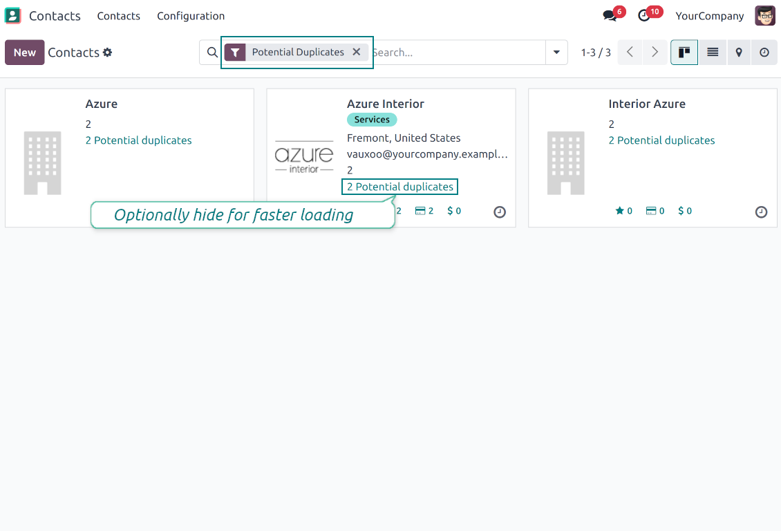 Odoo partners duplicates: kanban view and the filter