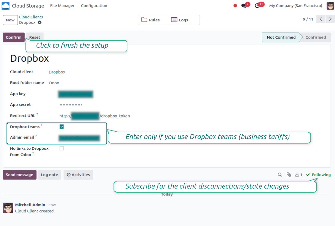 Odoo settings for Dropbox