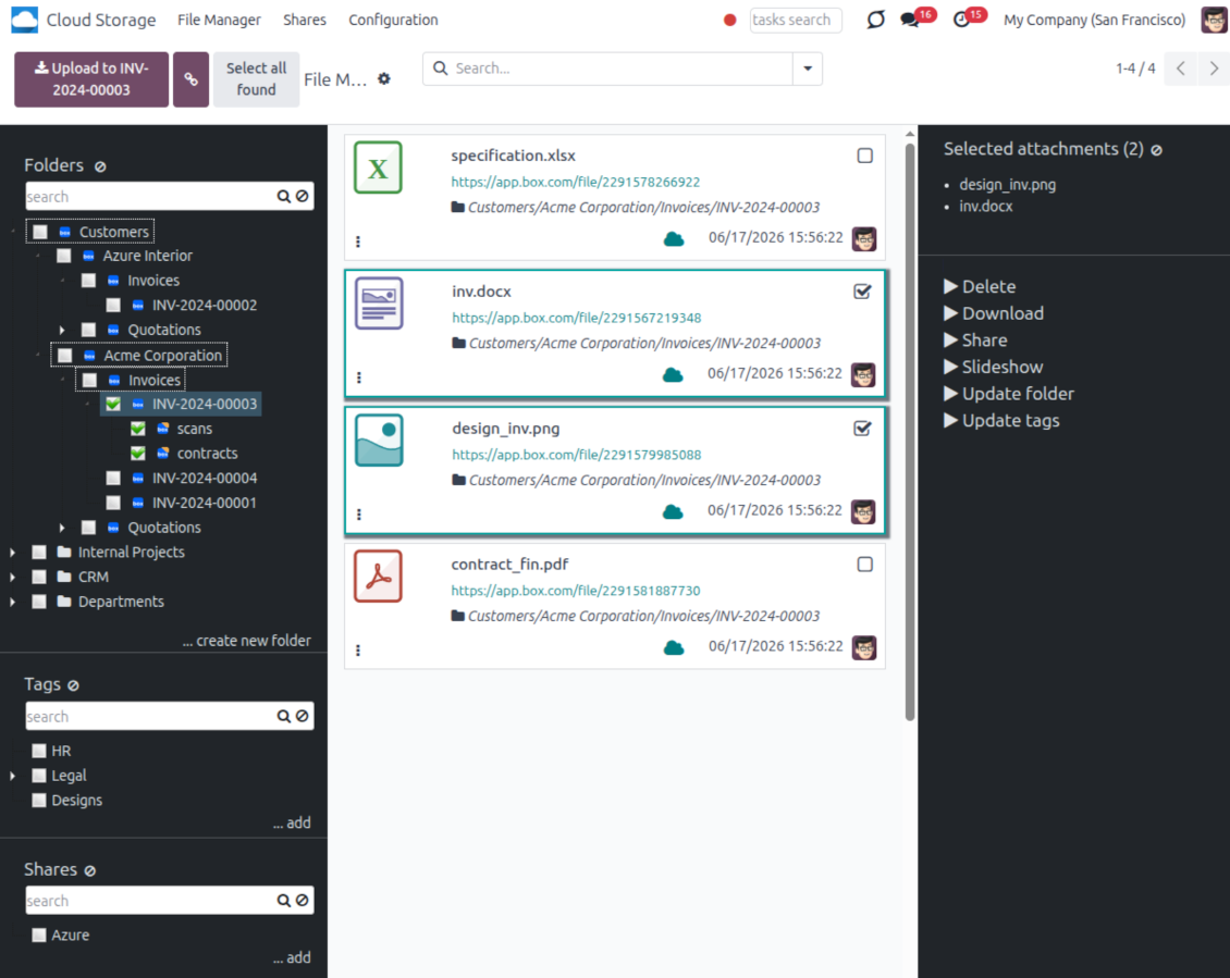 Browse and select Box-synced files in Odoo File Manager with folders, tags, shares and attachment actions