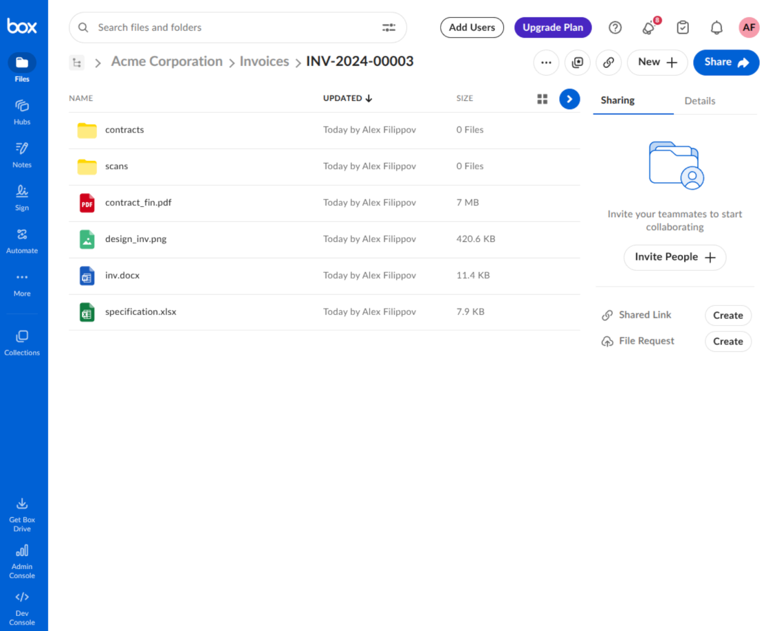 Box folder showing documents and subfolders synchronized for an Odoo object