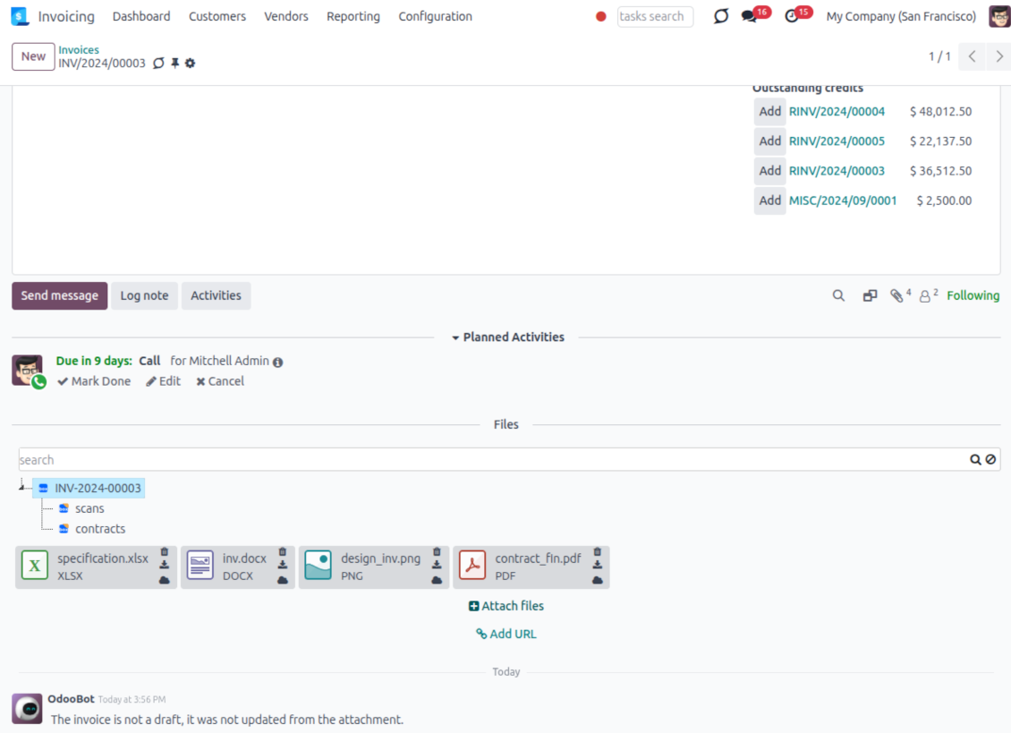 Odoo record form showing synchronized Box folders and attached files in the file panel