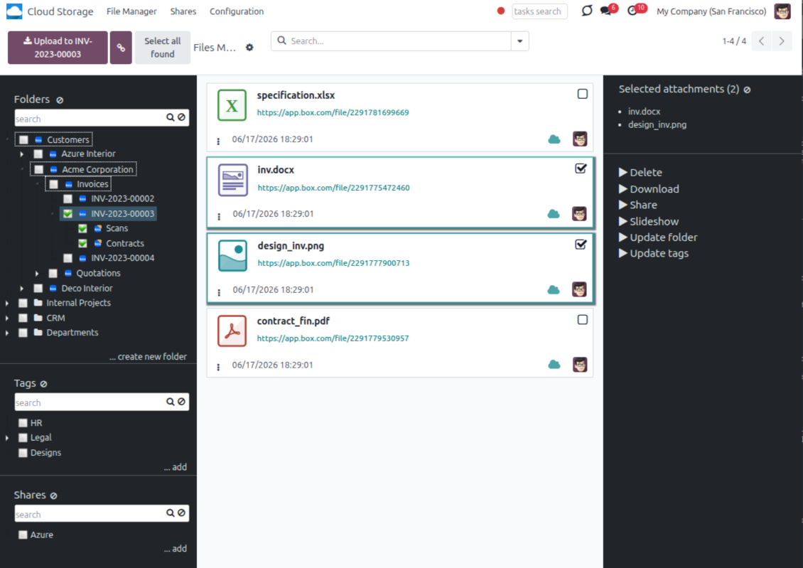 Browse and select Box-synced files in Odoo File Manager with folders, tags, shares and attachment actions