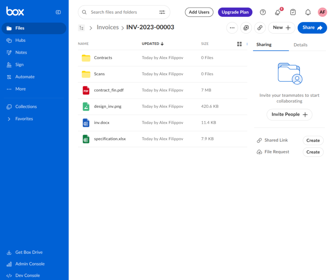 Box folder showing documents and subfolders synchronized for an Odoo object