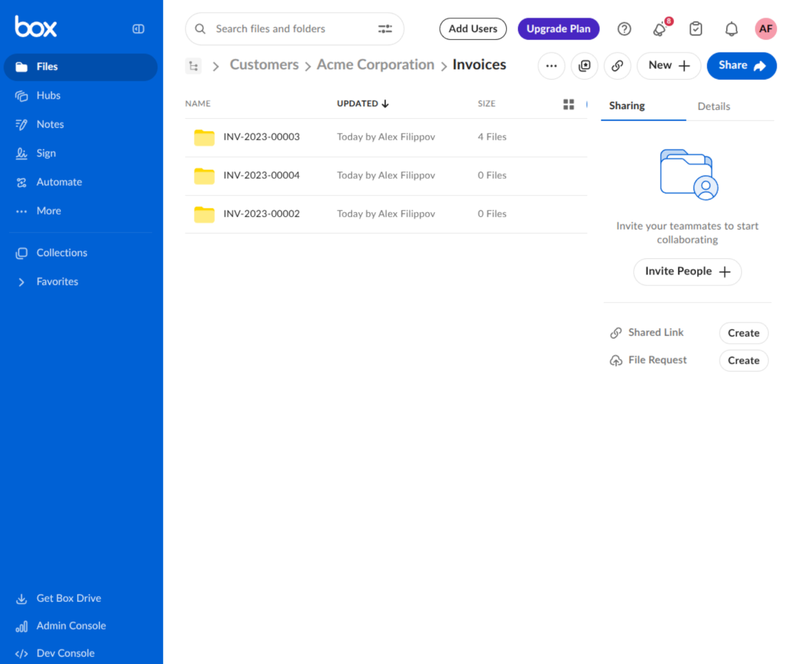 Box folder hierarchy created by Odoo with subfolders