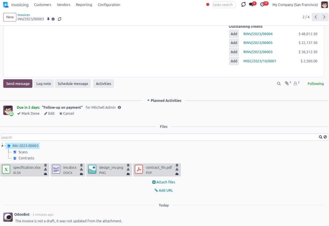 Odoo record form showing synchronized Box folders and attached files in the file panel