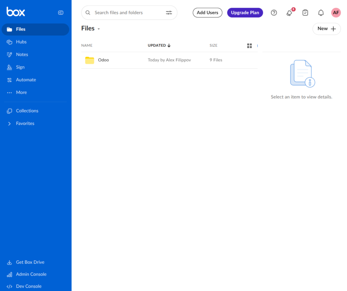 Box root folder containing the Odoo synchronization folder