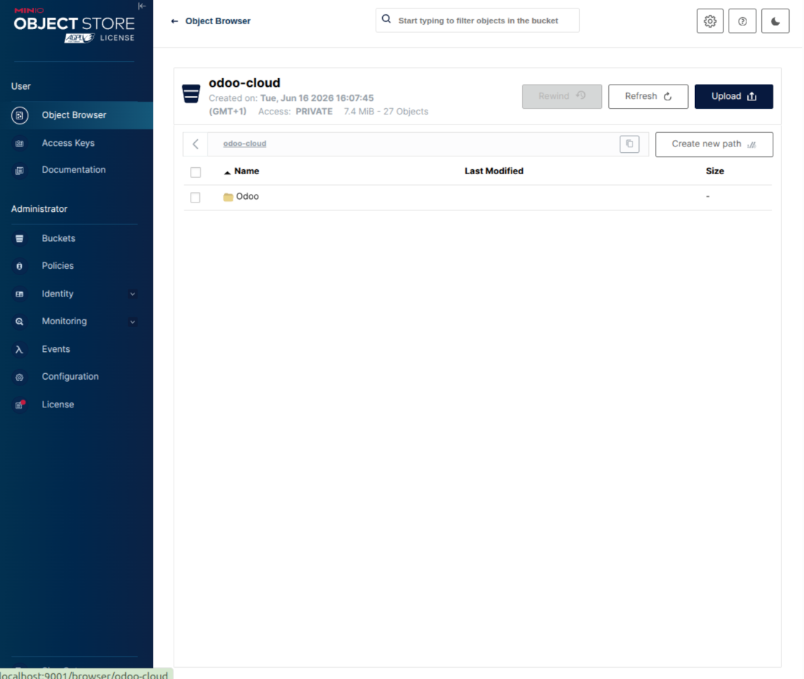 Odoo's root folder is in MinIO