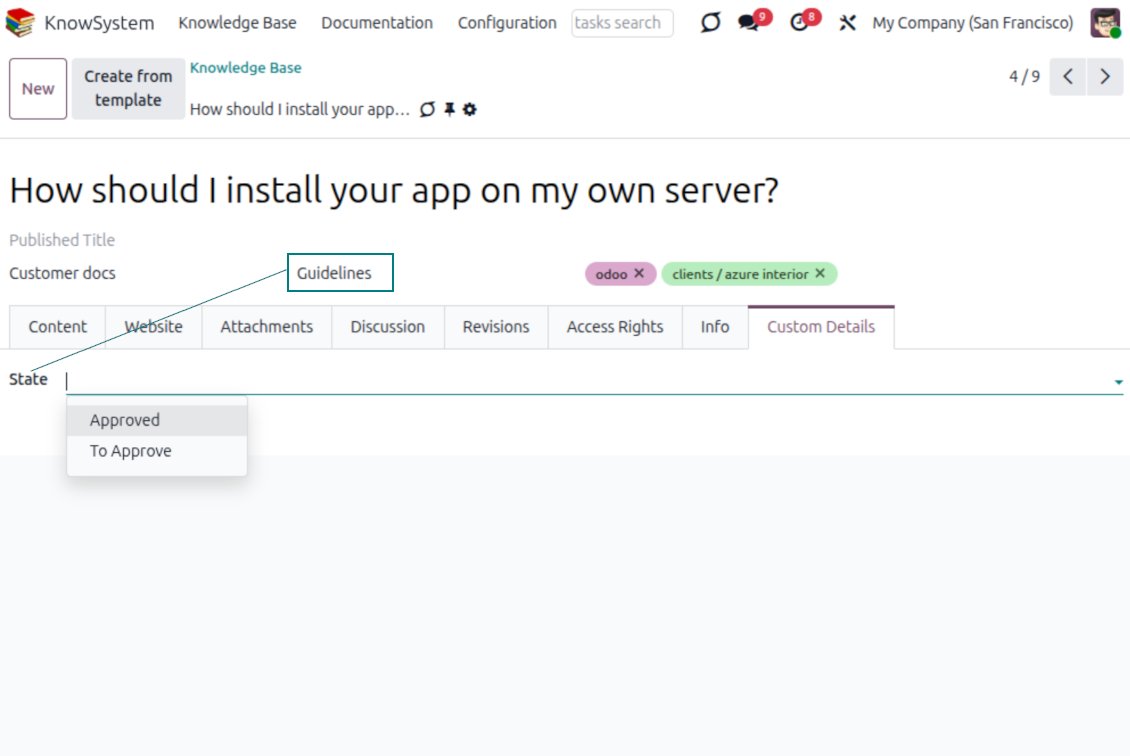 Custom KnowSystem article fields (attributes) on an Odoo knowledge base article