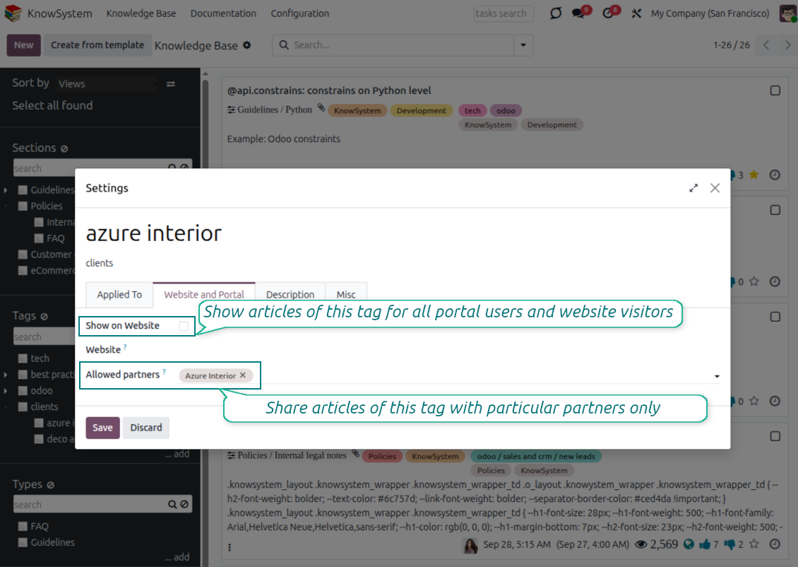Odoo KnowSystem tags and portal access