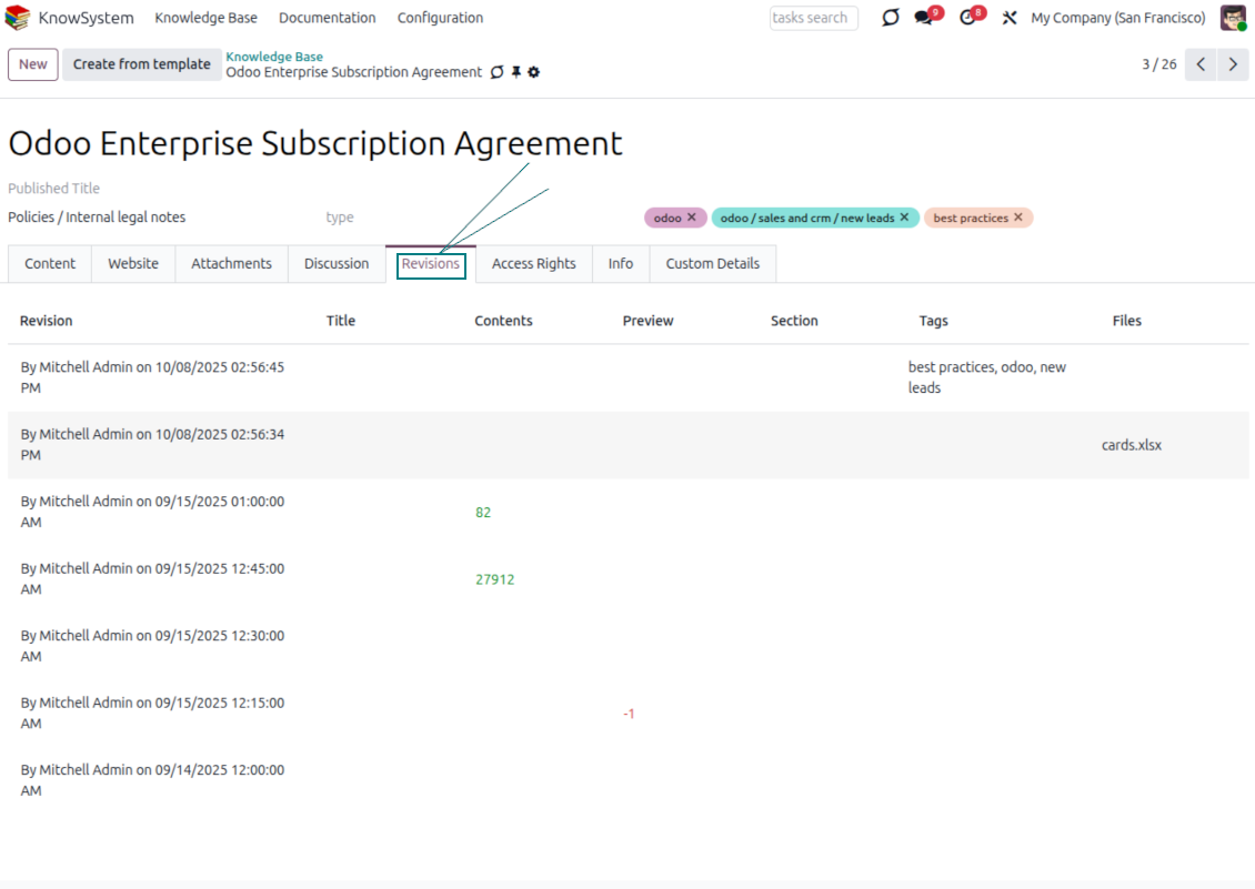 Full revision history of an Odoo KnowSystem knowledge base article, wiki-style