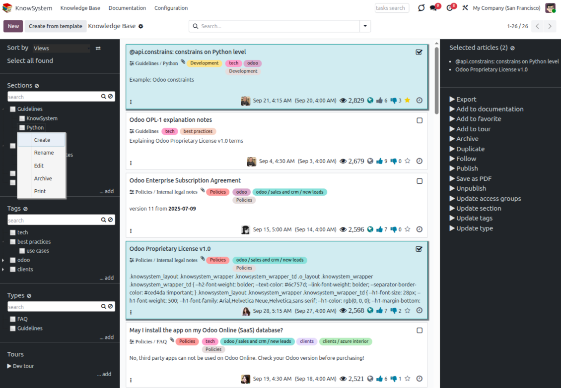 Odoo KnowSystem single-view navigation across knowledge base sections, tags, and article types