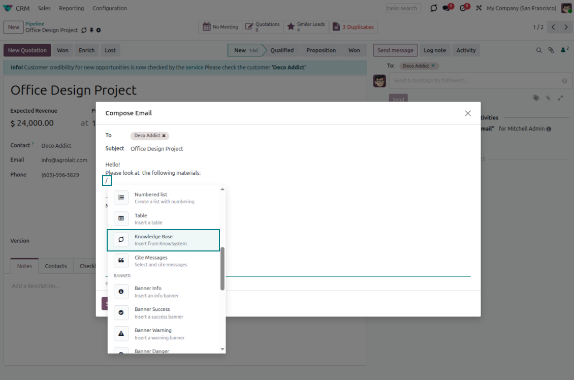 Inserting a KnowSystem knowledge base article into an Odoo message composer