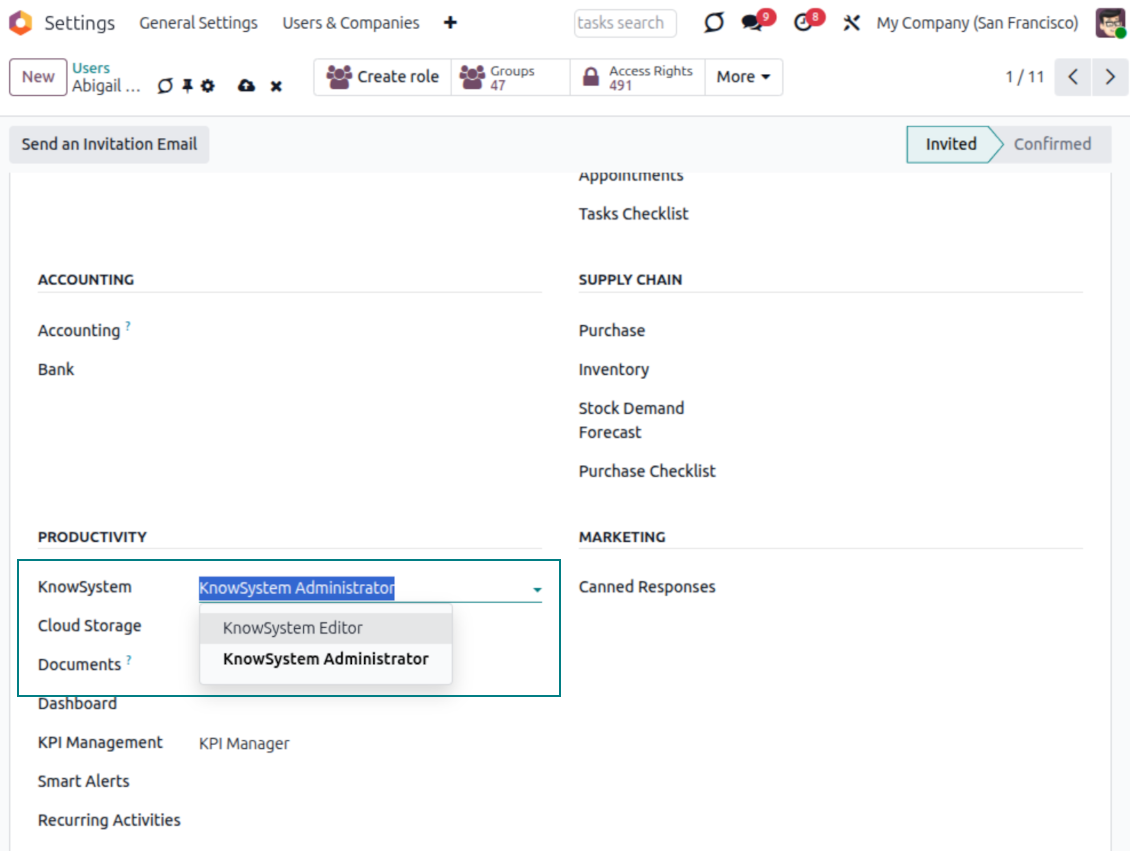 KnowSystem user roles and access-rights configuration in Odoo