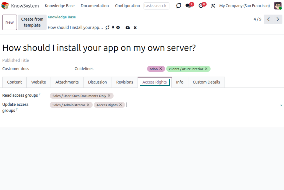 Article-level access control restricting an Odoo KnowSystem article to chosen user groups