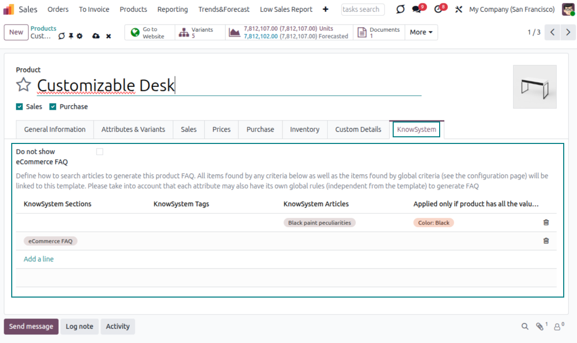 Linking an Odoo product template to KnowSystem knowledge base articles for the eShop FAQ