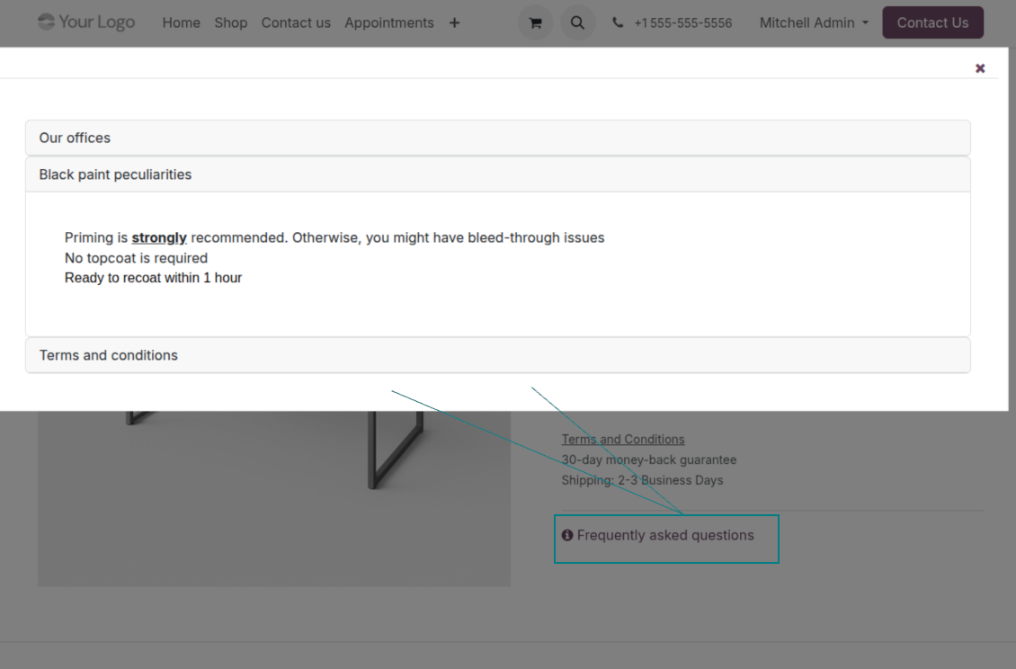 KnowSystem product FAQ shown as a popup on an Odoo eCommerce product page