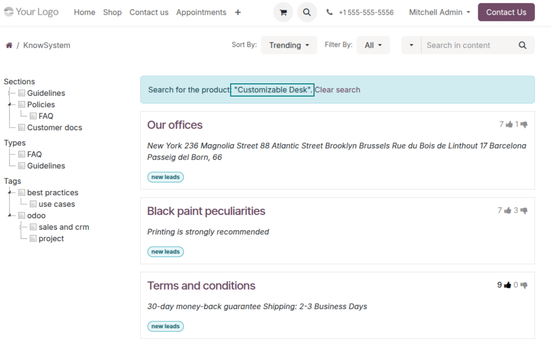 KnowSystem navigation scoped to a product's articles on the Odoo eShop portal