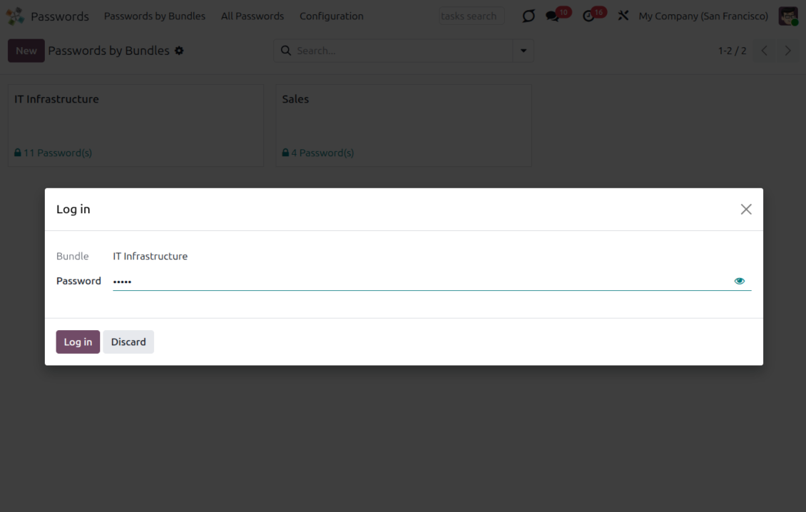 Password confirmation dialog required before opening a protected Odoo password bundle