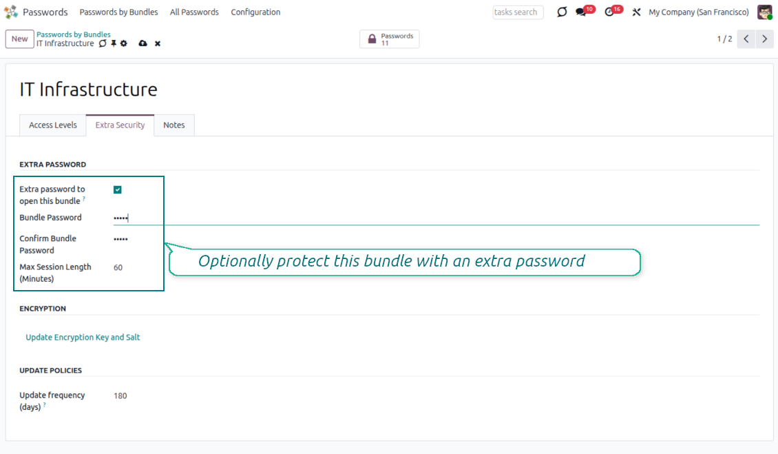 Extra password setting for protecting an Odoo password bundle with an additional vault password