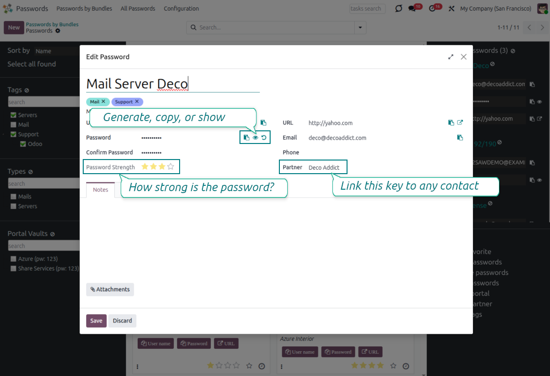 Password form view showing actions for managing an Odoo password key inside a shared vault