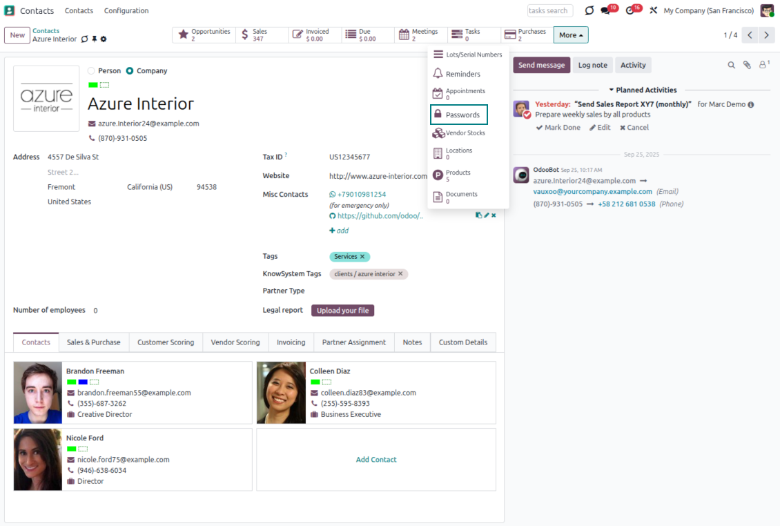 Odoo contact-related passwords showing credentials linked to partners without granting portal access automatically