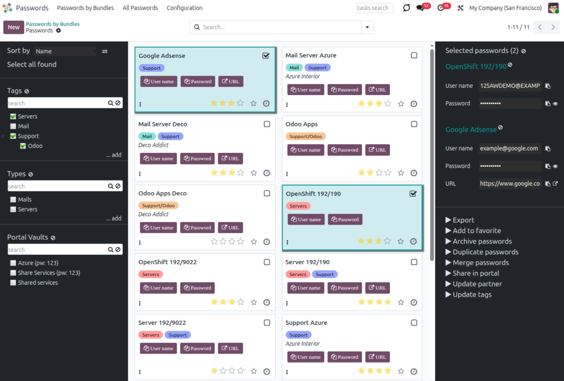 Odoo Password Manager interface with password cards, tags, strength indicators, and quick credential actions