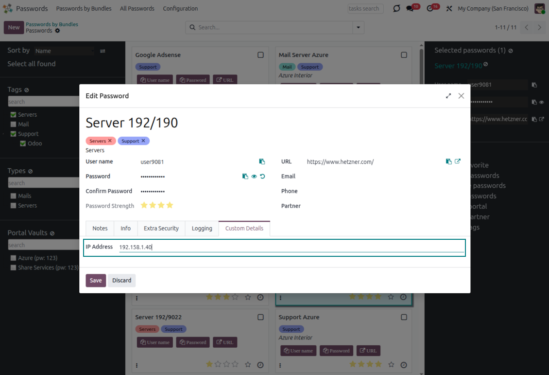 Password form showing custom fields added for specific Odoo credential types