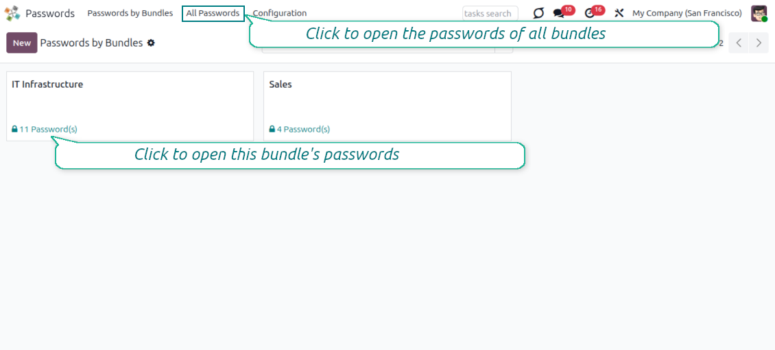 Password bundles kanban showing shared vaults organized for team credential management