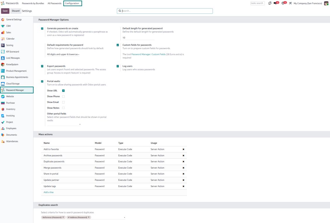 Odoo Password Manager configuration page for generator, portal vaults, duplicates, logging, and mass actions