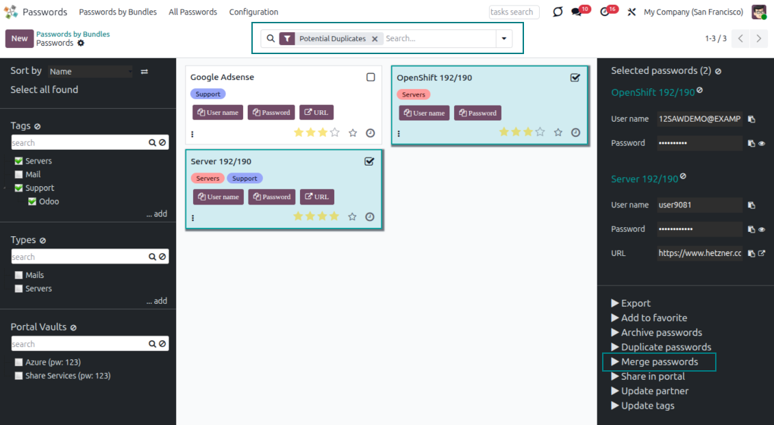 Odoo Password Manager filter showing possible duplicate password records for review