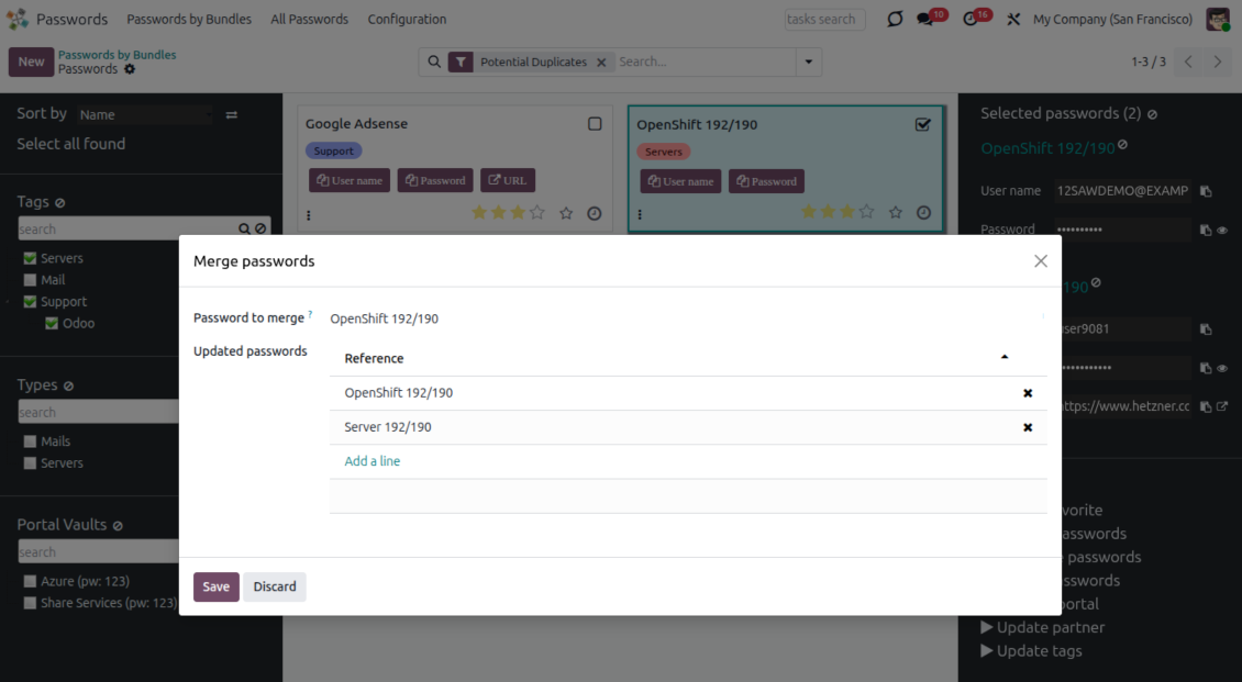 Password merging wizard combining duplicate Odoo password records while preserving useful data