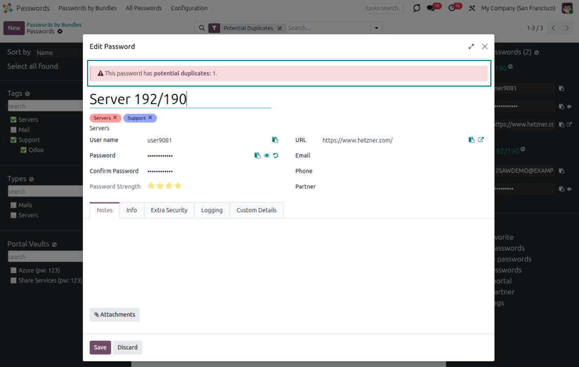 Password creation form warning users about possible duplicate credentials before saving