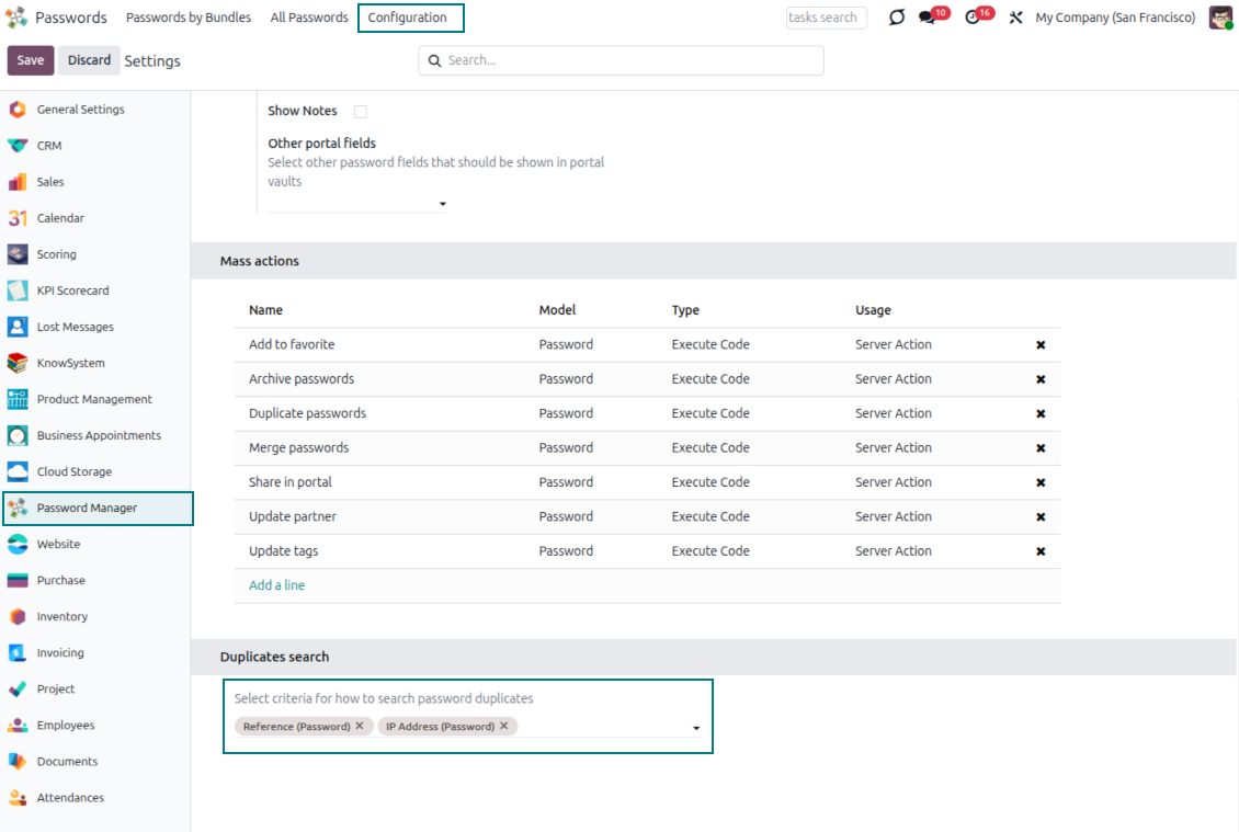 Odoo Password Manager settings for choosing fields used to detect duplicate credentials