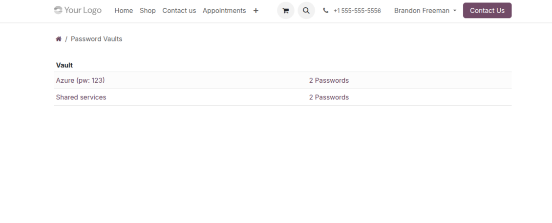 Odoo backend list of portal password vaults available from the Password Manager navigation panel