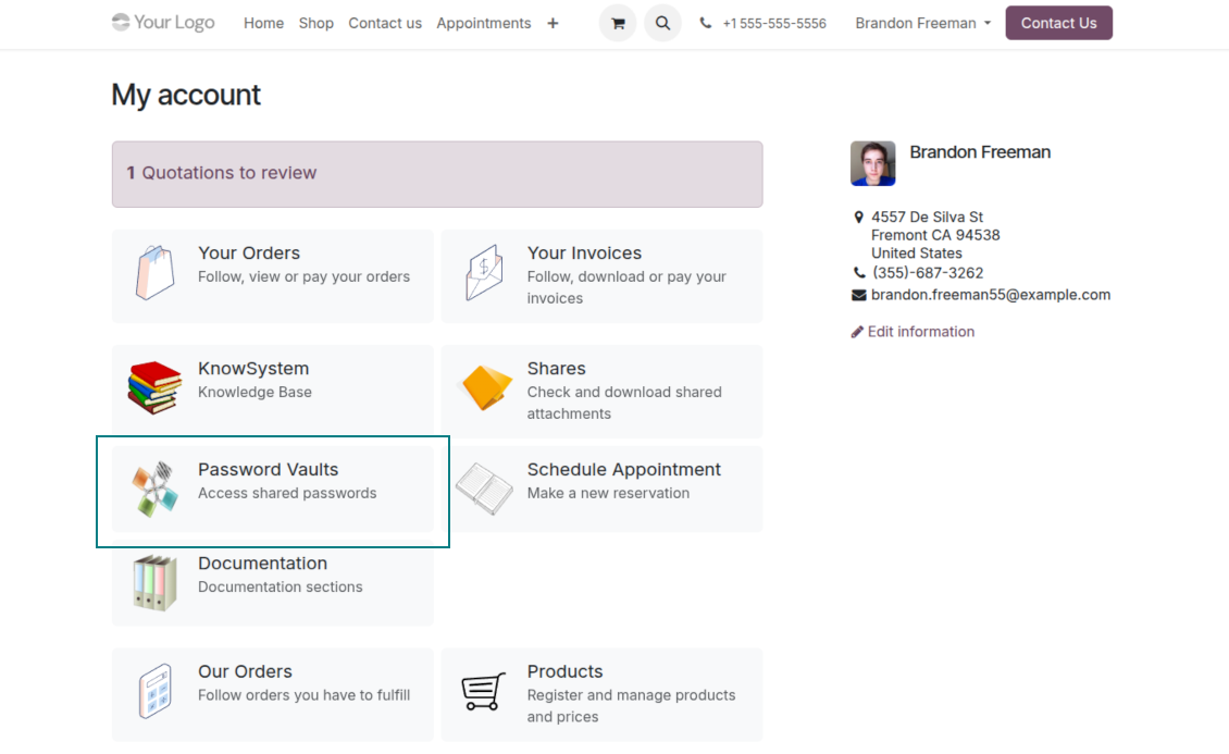 Odoo portal home page showing the Password Vaults entry for customer password access