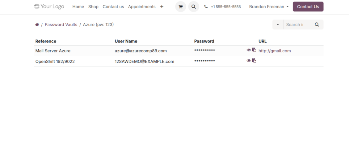 Customer portal password vault showing shared credentials with show, hide, search, and column navigation