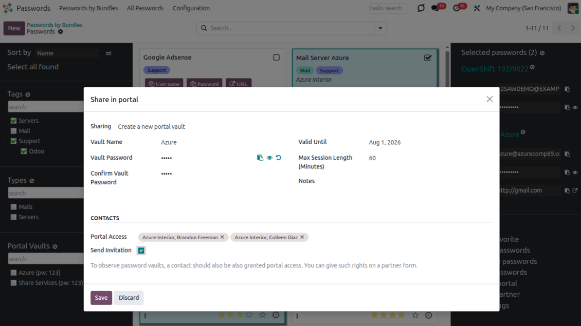 Mass action for sharing selected Odoo passwords with portal contacts through a protected vault