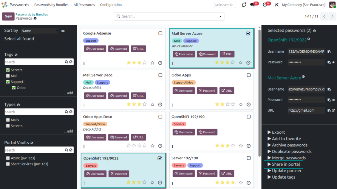 Odoo wizard for inviting portal contacts when sharing selected password vault credentials