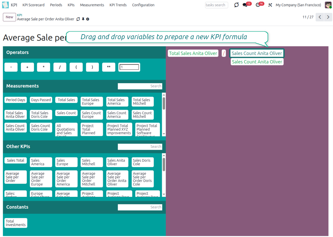 Odoo KPI formula builder showing draggable calculation parts for a scorecard formula