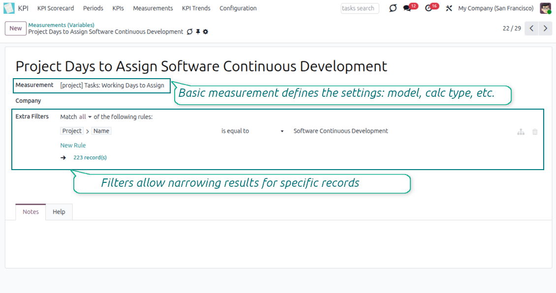 KPI variable configuration that narrows a basic measurement for reusable scorecard formulas