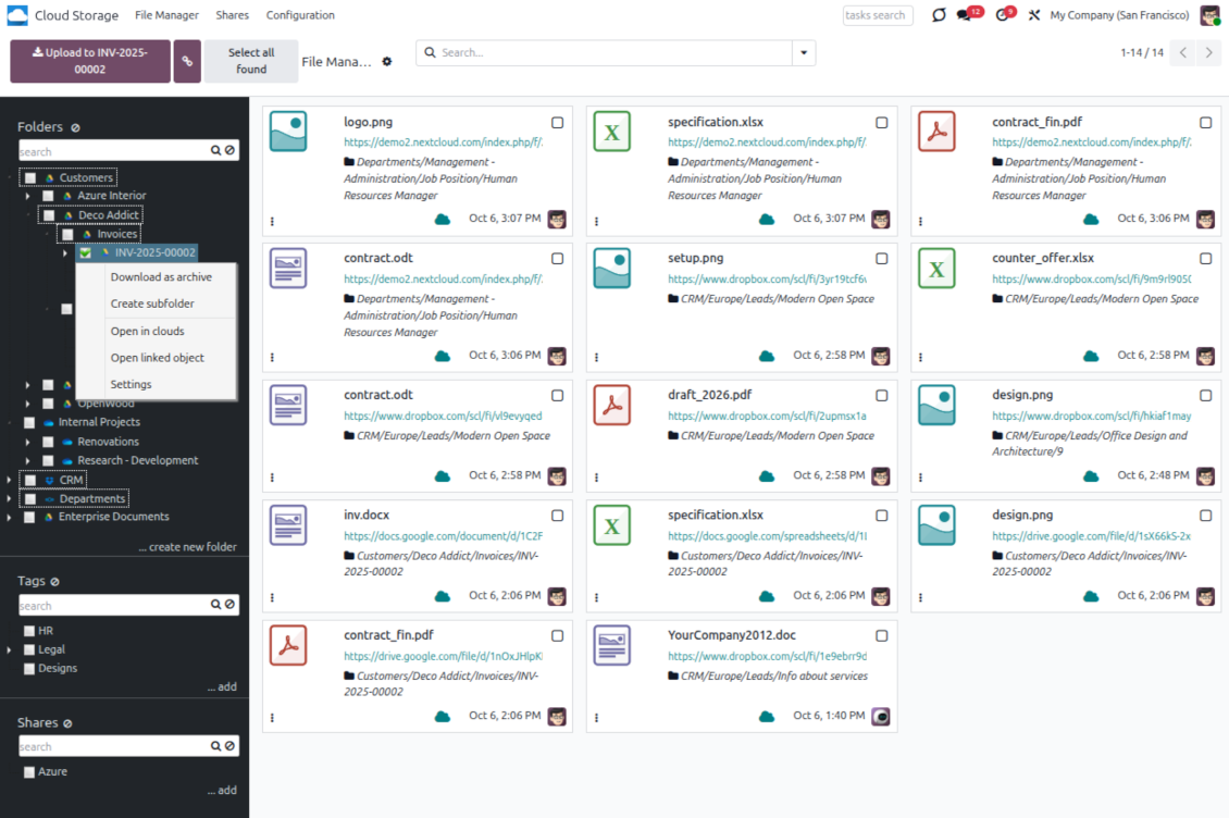 Odoo File Manager showing folders, tags, and cloud-synced attachments for structured document management
