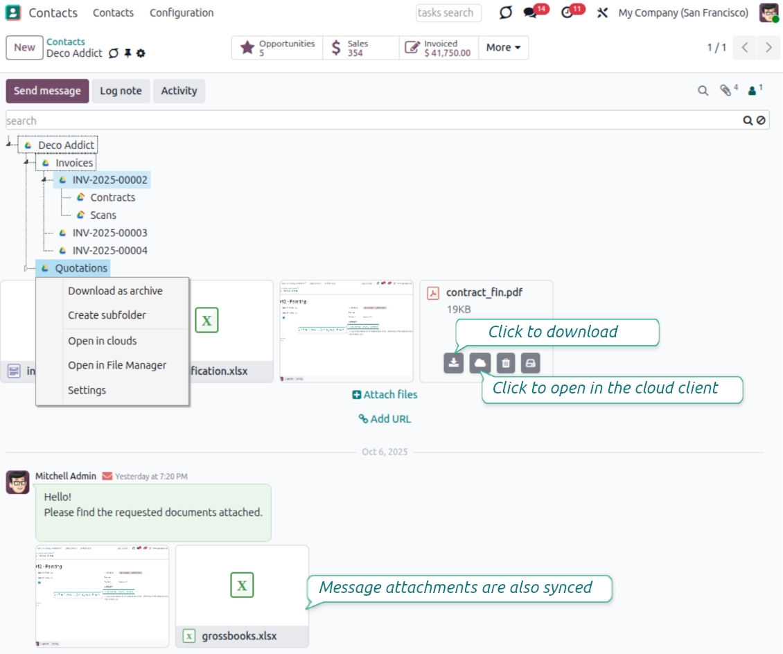 Odoo record attachment box showing structured folders and synced files for easier document access