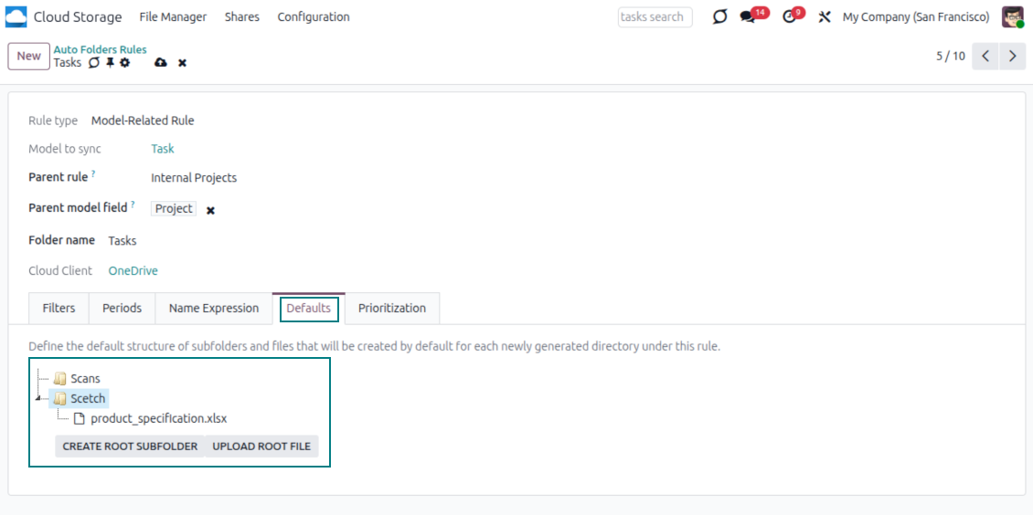 Odoo automatic folder rules generating default subfolders and files for structured cloud synchronization