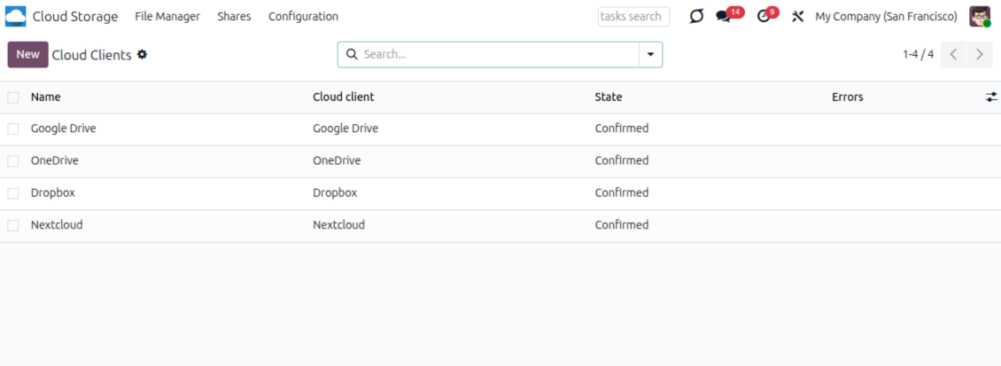 Odoo Cloud Storage configuration showing multiple connected storage clients for attachment synchronization